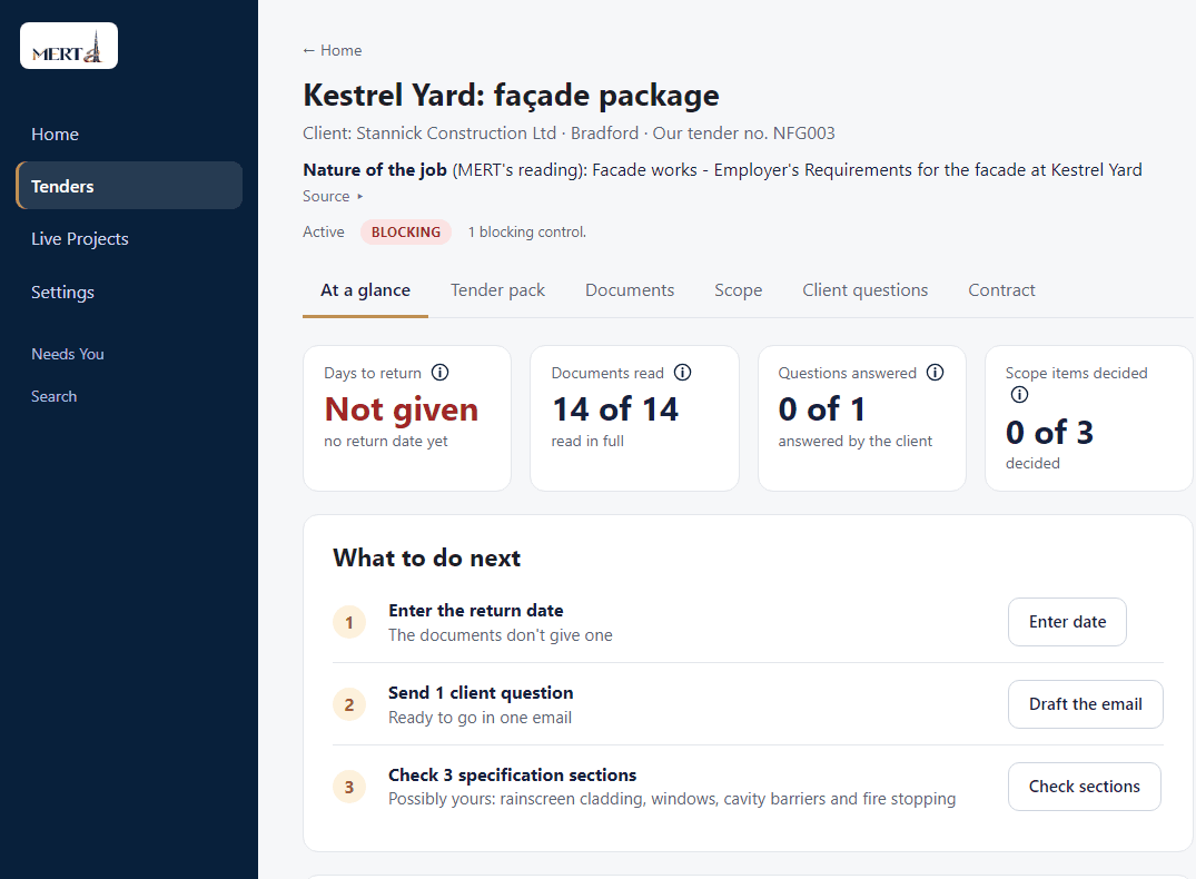 MERT AI tender page for a made-up facade package showing: days to return not given, 14 of 14 documents read, 0 of 1 questions answered, 0 of 3 scope items decided, and three suggested next steps